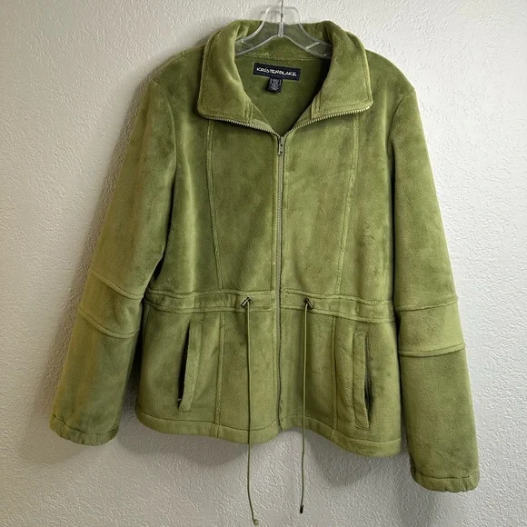 Vintage Kristen Blake GreenTeddy Fleece Zip-Up Jacket Drawstring Waist Size L - Picture 2 of 15